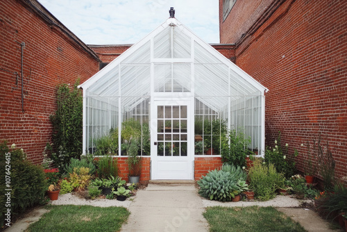 White Greenhouse with Industrial Red Brick Wall for a Modern Touch