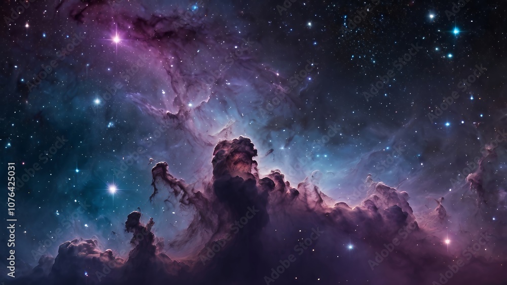 Obraz premium A breathtaking cosmic scene showing colorful nebulas, distant galaxies, and bright stars, with a surreal sense of depth and mystery in the vastness of space.