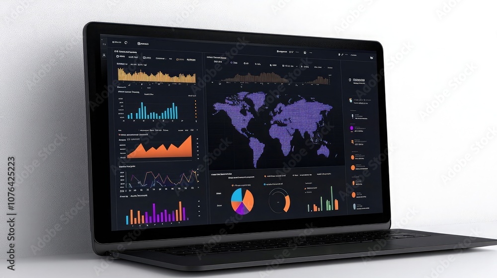 A laptop screen displays a variety of colorful graphs and charts, including a world map, indicating data analysis and visualization. A laptop screen displays a variety of colorful graphs and charts, including a world map, indicating data analysis and visualization.