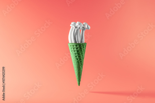 shimeji mushrooms in green ice cream cone, on pink background photo