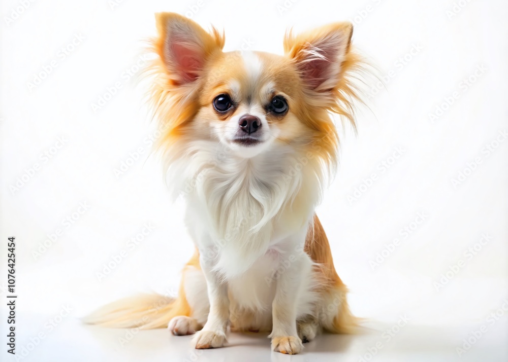 Charming Long Coat Chihuahua on a Clean White Background, Perfect for Pet Lovers and Dog Enthusiasts Featuring a Cute and Playful Expression Ideal for Stock Photography Use Charming Long Coat Chihuahua on a Clean White Background, Perfect for Pet Lovers and Dog Enthusiasts Featuring a Cute and Playful Expression Ideal for Stock Photography Use