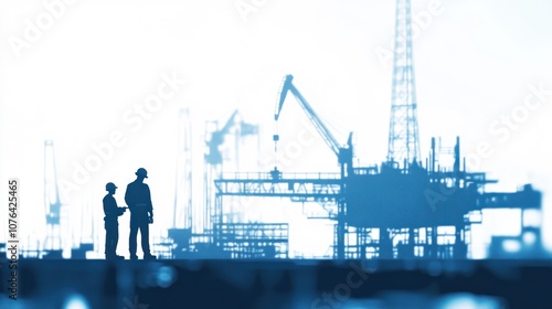 Silhouettes of Two Engineers in Front of an Offshore Oil Rig