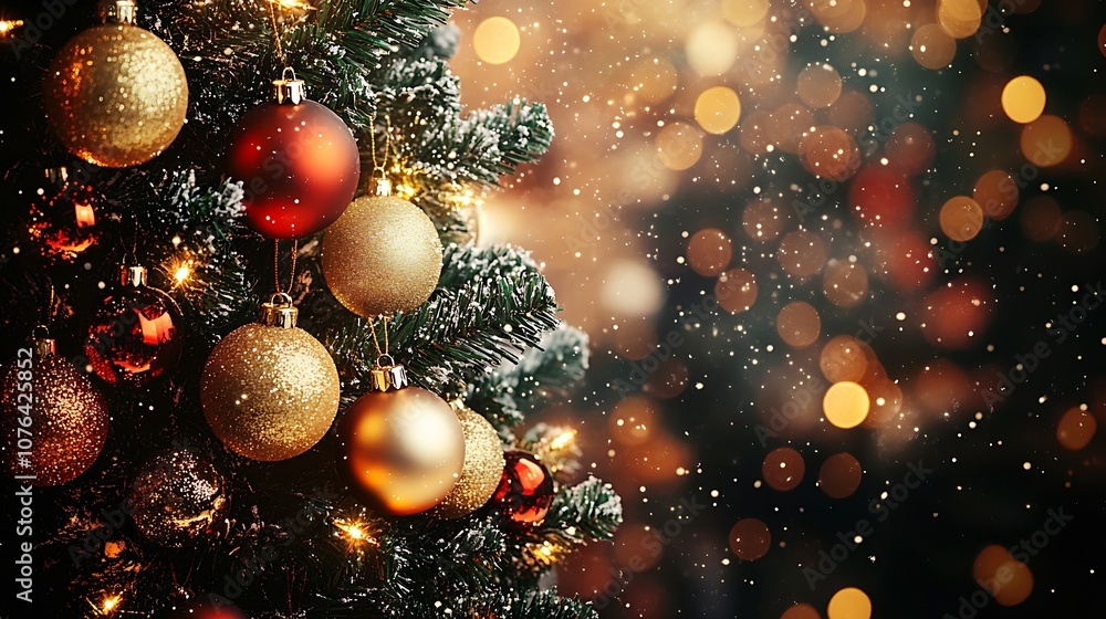 Elegant Christmas Tree with Sparkling Decorations and Winter Snowfall : Generative AI Elegant Christmas Tree with Sparkling Decorations and Winter Snowfall : Generative AI