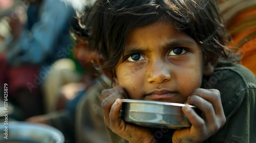 Poverty and hunger: a striking portrayal of a child struggle, harsh reality of economic hardship, global crisis of food insecurity and urgent need to end childhood deprivation worldwide.