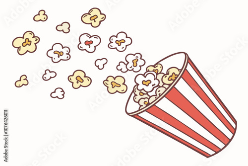 Popcorn Spilling from Classic Red and White Bucket Illustration, Delicious popcorn flying, striped paper cup