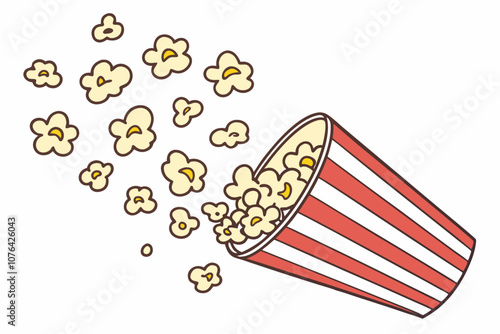 Popcorn Spilling from Classic Red and White Bucket Illustration, Delicious popcorn flying, striped paper cup