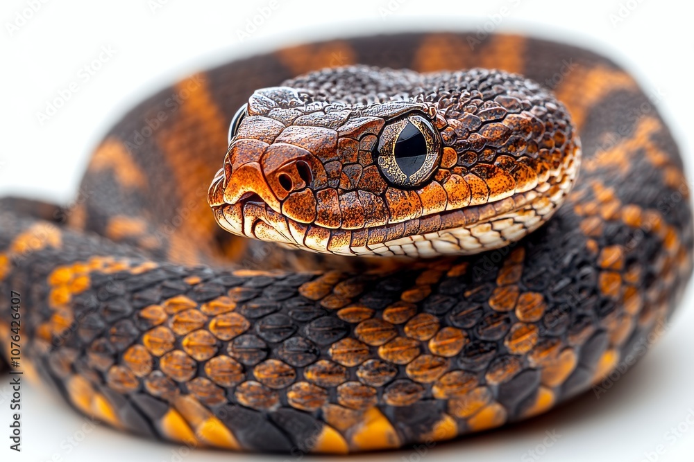 Side view of a coiled snake isolated on a pure white background. Cenerative AI Side view of a coiled snake isolated on a pure white background. Cenerative AI