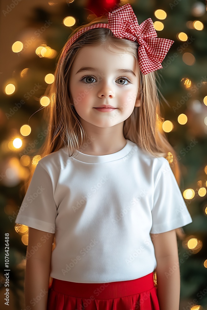 Beautiful Girl with Red Bow Smiles by Christmas Tree at Home : Generative AI Beautiful Girl with Red Bow Smiles by Christmas Tree at Home : Generative AI