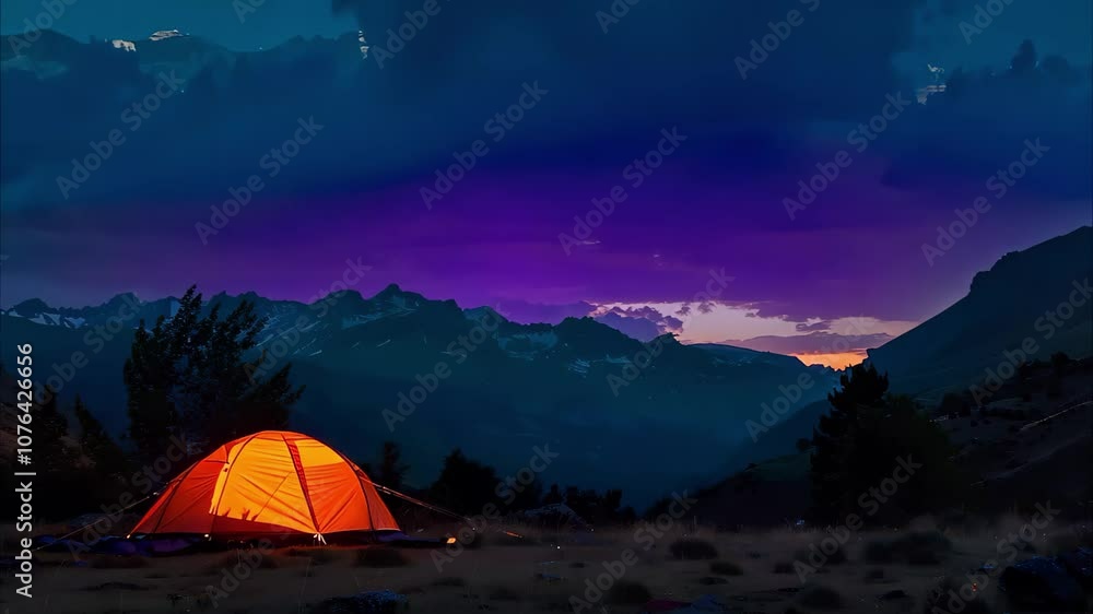 A vibrant sunset behind mountains with an orange tent in the foreground, surrounded by nature. A vibrant sunset behind mountains with an orange tent in the foreground, surrounded by nature.