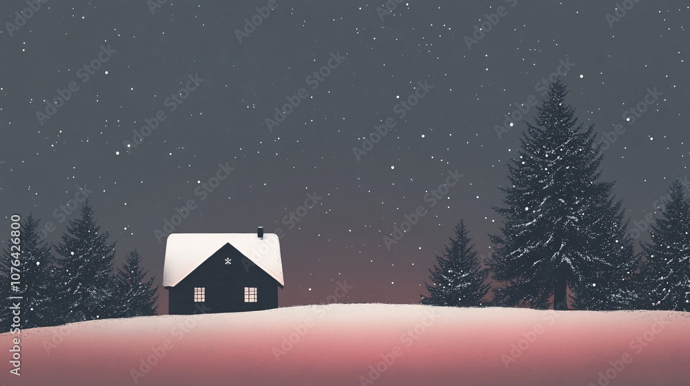 Naklejka premium Cozy wooden cabin covered in snow during a winter nightfall