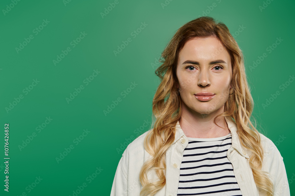 A woman with lovely curly hair stands confidently against a vibrant green background, exuding casual charm. A woman with lovely curly hair stands confidently against a vibrant green background, exuding casual charm.