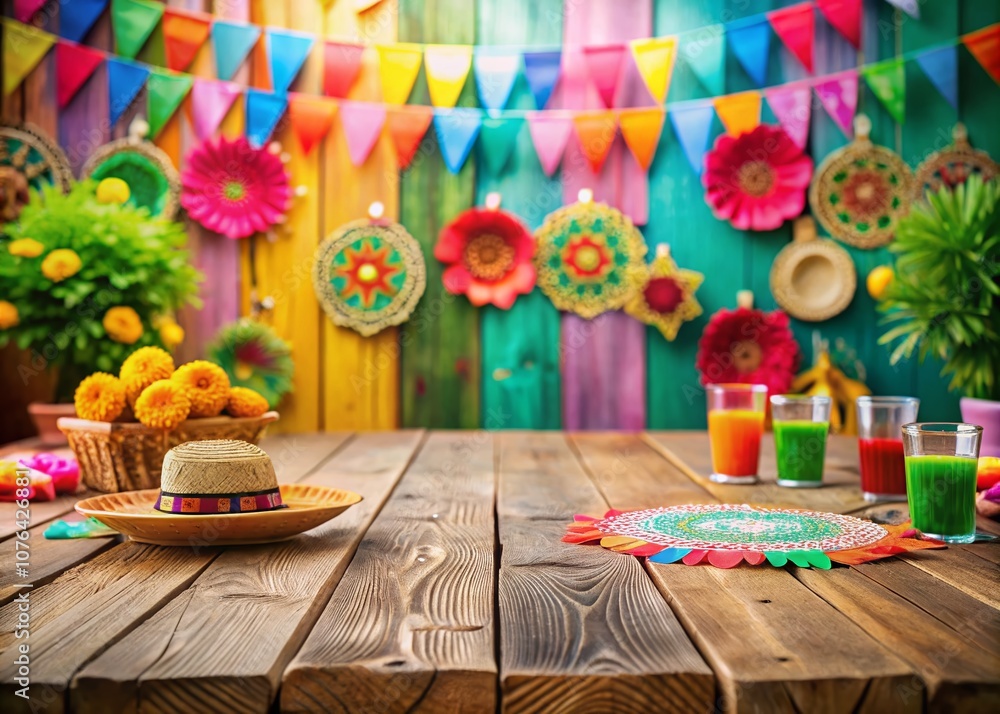 Cinco de Mayo Celebration: Empty Wooden Table Ready for Mock Up with Colorful Decorations and Festive Accents for Vibrant Holiday Atmosphere Cinco de Mayo Celebration: Empty Wooden Table Ready for Mock Up with Colorful Decorations and Festive Accents for Vibrant Holiday Atmosphere