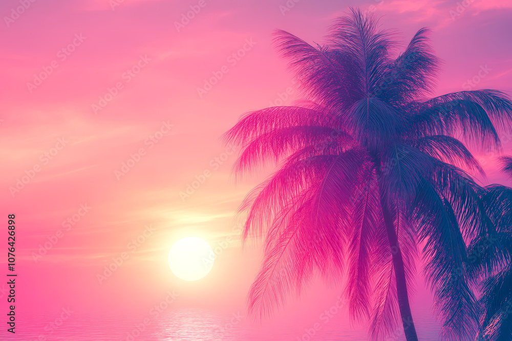 Fototapeta premium Retro Sunset with Palm Silhouettes, Vaporwave Style