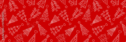 Red Christmas tree vector abstract repeat pattern, seamless banner design, festive holiday print design