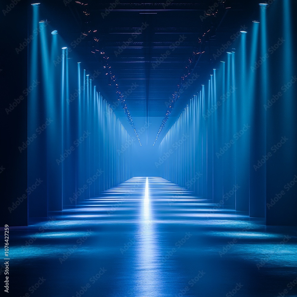 Empty fashion catwalk illuminated by dramatic spotlights in a moody atmosphere Empty fashion catwalk illuminated by dramatic spotlights in a moody atmosphere