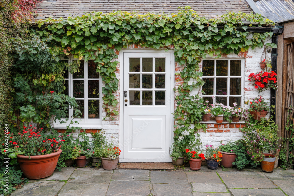 Small White Greenhouse with Ivy-Covered Brick Wall for a Natural Garden Look Small White Greenhouse with Ivy-Covered Brick Wall for a Natural Garden Look