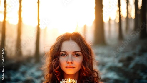 Redhead woman holding a flower adorned candle in a snowy forest, honoring the gaelic festival of imbolc during Birth of Spring celebrations.