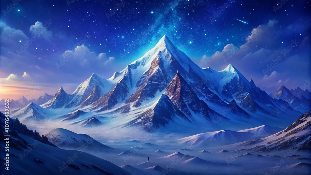Majestic snowy mountain under starry night sky Majestic snowy mountain under starry night sky