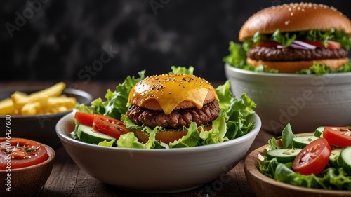 Bowl of fresh salad and delicious burgers