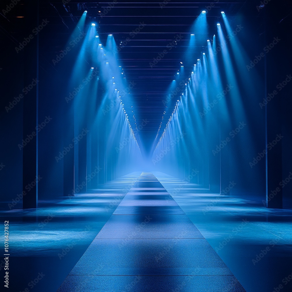 Empty fashion catwalk illuminated by dramatic spotlights in a moody atmosphere Empty fashion catwalk illuminated by dramatic spotlights in a moody atmosphere