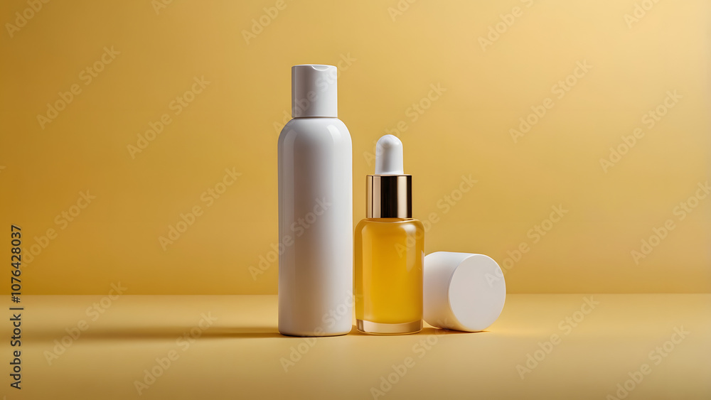 Bottle for cosmetic products three cosmetic products one big white second small, glass for serum and mud small jar for cream on yellow background Bottle for cosmetic products three cosmetic products one big white second small, glass for serum and mud small jar for cream on yellow background
