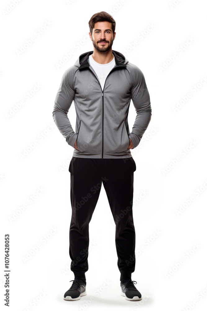 A gym personal trainer holding tablet sweatshirt sleeve jacket. A gym personal trainer holding tablet sweatshirt sleeve jacket.