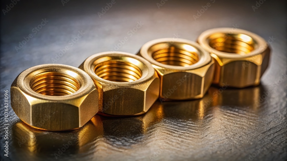 Close-up Image of Four Brass Nuts Aligned on a Textured Gray Surface, Highlighting Industrial Details and Materials for Mechanical and Engineering Themes Close-up Image of Four Brass Nuts Aligned on a Textured Gray Surface, Highlighting Industrial Details and Materials for Mechanical and Engineering Themes