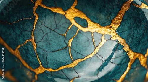 Close-up of a teal and gold textured surface, with cracks filled with shiny gold. The texture is abstract and intricate.