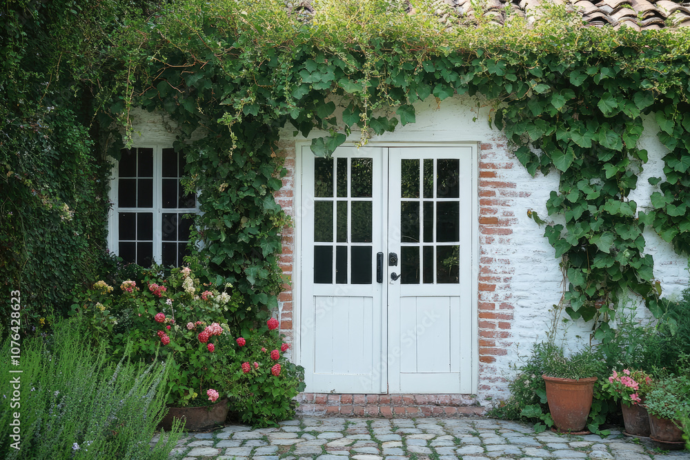 White Greenhouse with Cobbled Brick Base and Tall Door for a Grand Entrance White Greenhouse with Cobbled Brick Base and Tall Door for a Grand Entrance