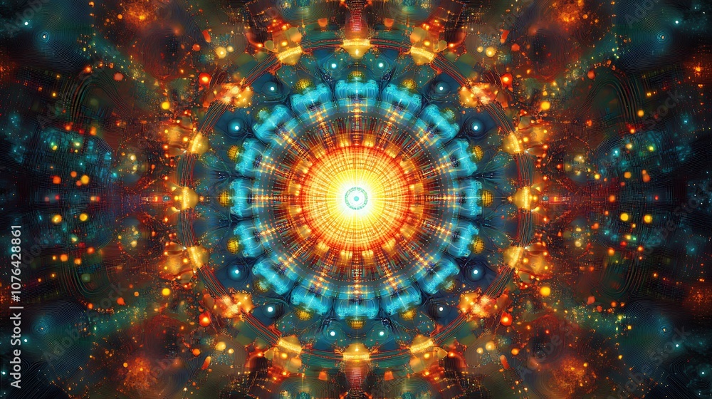 Abstract colorful glowing mandala with intricate details. Abstract colorful glowing mandala with intricate details.