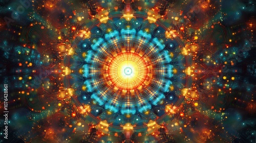 Abstract colorful glowing mandala with intricate details.