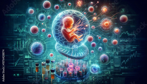 A fetus in a glowing technology sphere surrounded by cells and DNA symbols, symbolizing advanced genetics and biotechnology