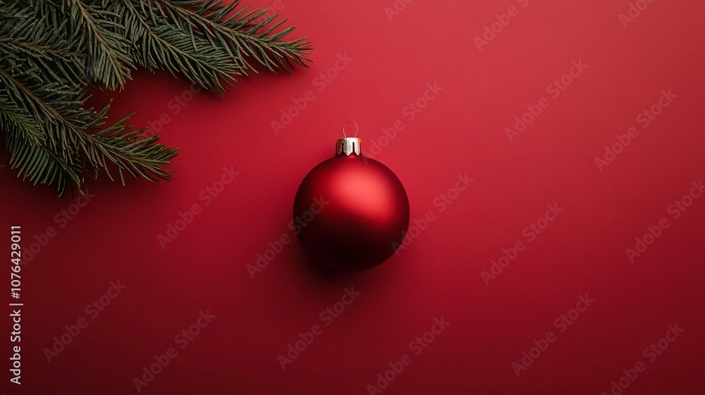 Christmas background with red ball and pine branch on red paper Christmas background with red ball and pine branch on red paper