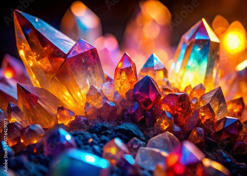 Close-Up of a Glowing Crystal Cluster Bathed in Warm Light, Showcasing Natural Minerals and Their Energetic Beauty in Architectural Photography