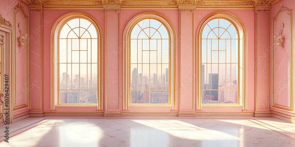 Elegant Pink Room with Sunlight Streaming Through Arched Windows Elegant Pink Room with Sunlight Streaming Through Arched Windows
