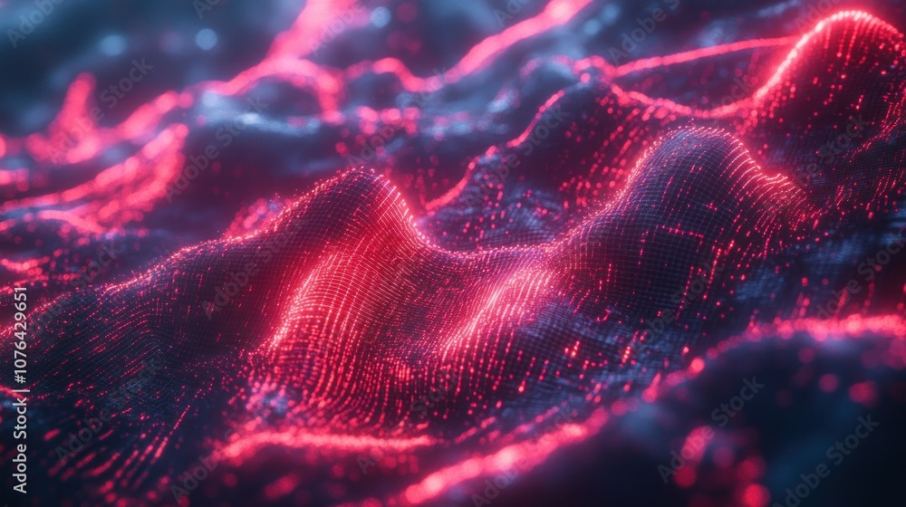 Abstract 3D Render of Red and Blue Neon Lights on a Wireframe Surface Abstract 3D Render of Red and Blue Neon Lights on a Wireframe Surface