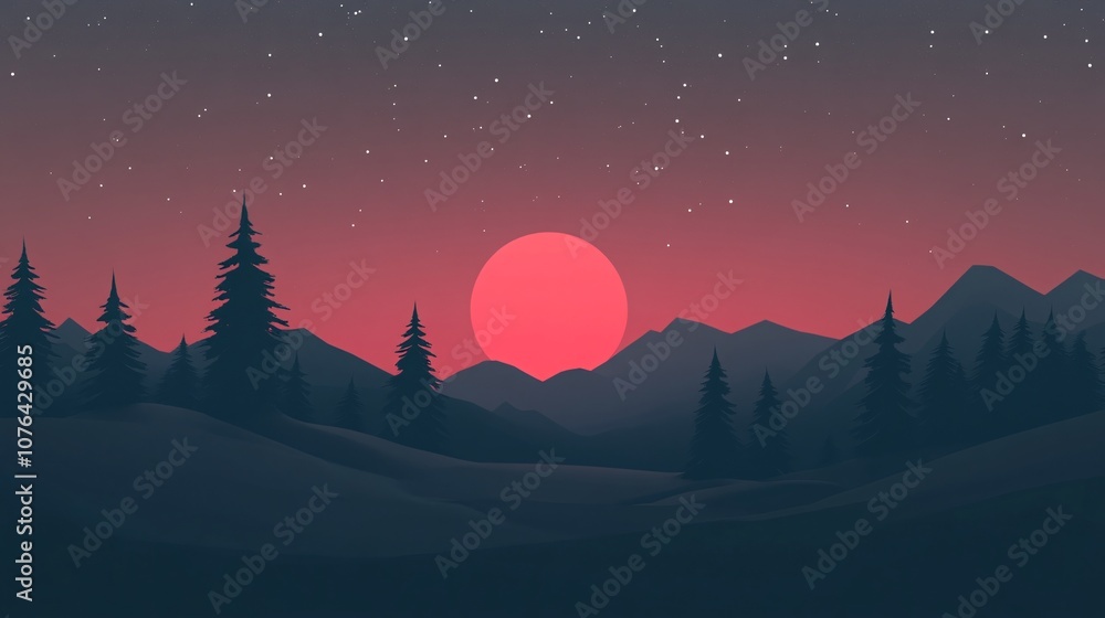Naklejka premium Big red sun setting behind mountains in a conifer forest