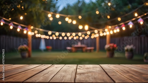 Empty wooden table with party in backyard, blurred background with festive bunting