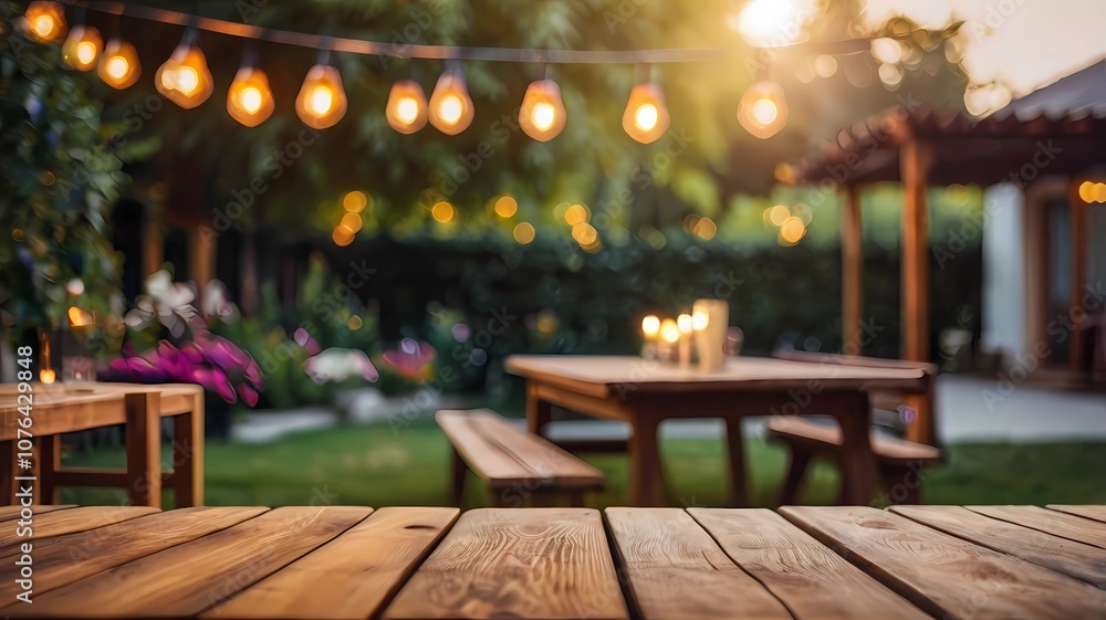 Empty wooden table with party in backyard, blurred background with festive bunting Empty wooden table with party in backyard, blurred background with festive bunting