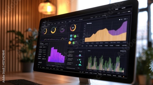 Wallpaper Mural A computer screen displaying data visualizations, including bar graphs, line graphs, and pie charts. The data is displayed in a dark theme with vibrant colors. Torontodigital.ca