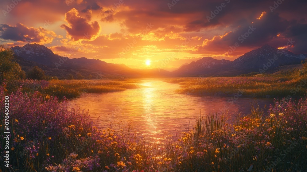 Obraz premium Serene Sunset Over a River With Mountain Range and Wildflowers