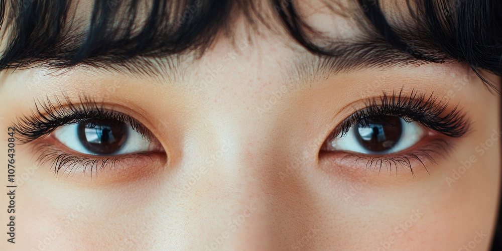 Obraz premium まつげエクステをした女性の目のアップ Generative AI