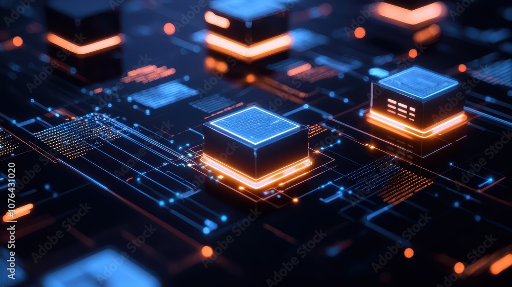 A close-up view of a circuit board featuring glowing microchips, showcasing a high-tech, digital environment. A close-up view of a circuit board featuring glowing microchips, showcasing a high-tech, digital environment.
