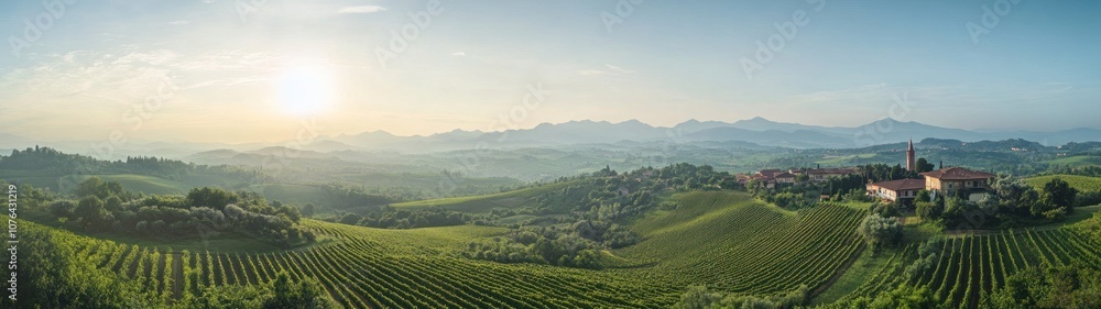 Fototapeta premium Sunlit Italian Vineyards and a Village in the Hills