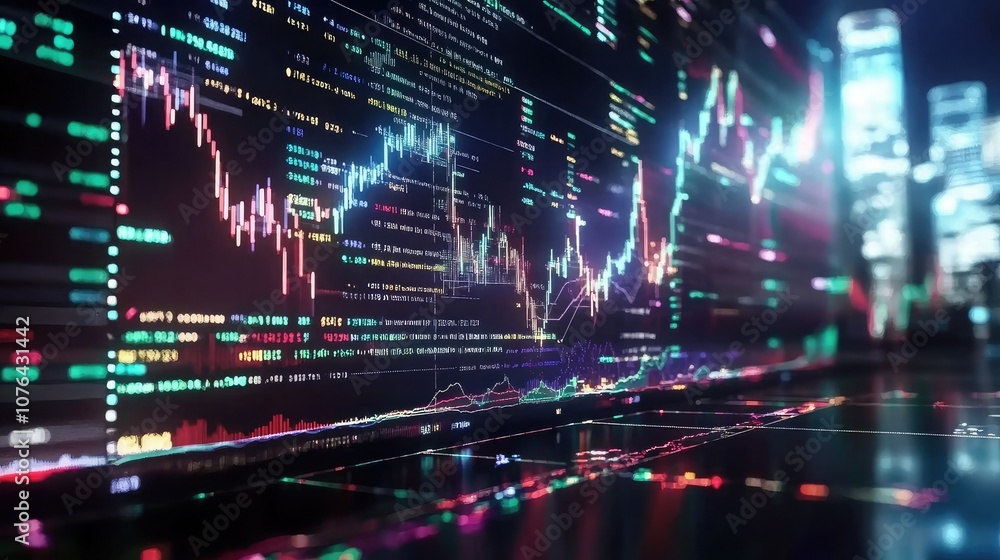 A close-up of a stock market chart with numbers and graphs illuminated in vibrant colors. The background is a blurry city skyline. A close-up of a stock market chart with numbers and graphs illuminated in vibrant colors. The background is a blurry city skyline.