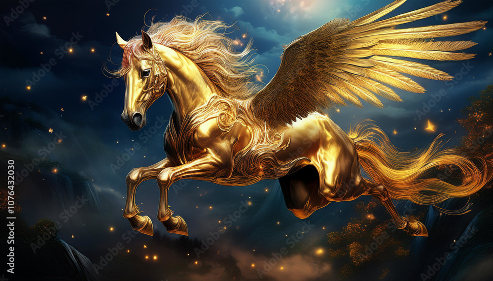 The winged golden Pegasus flies majestically The winged golden Pegasus flies majestically