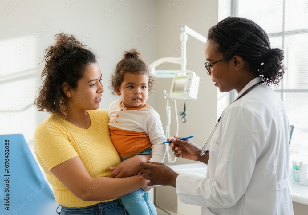 Doctor talking with mother and baby girl during medical consultation in hospital room Doctor talking with mother and baby girl during medical consultation in hospital room