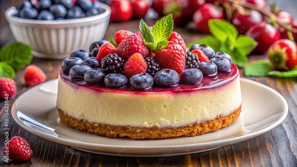 Close-Up Panoramic Photography of a Luxurious Berry Cheesecake on a Plate, Perfectly Decorated for Restaurant Menus and Product Advertising, Featuring Fresh Berries and Creamy Texture Close-Up Panoramic Photography of a Luxurious Berry Cheesecake on a Plate, Perfectly Decorated for Restaurant Menus and Product Advertising, Featuring Fresh Berries and Creamy Texture