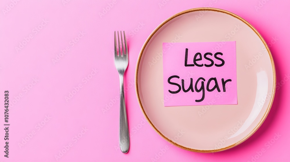 Pink sticky note with handwritten less sugar message placed on empty plate with fork aside promoting sugar free or sugar reduction diet and healthy lifestyle concept on pink background Pink sticky note with handwritten less sugar message placed on empty plate with fork aside promoting sugar free or sugar reduction diet and healthy lifestyle concept on pink background