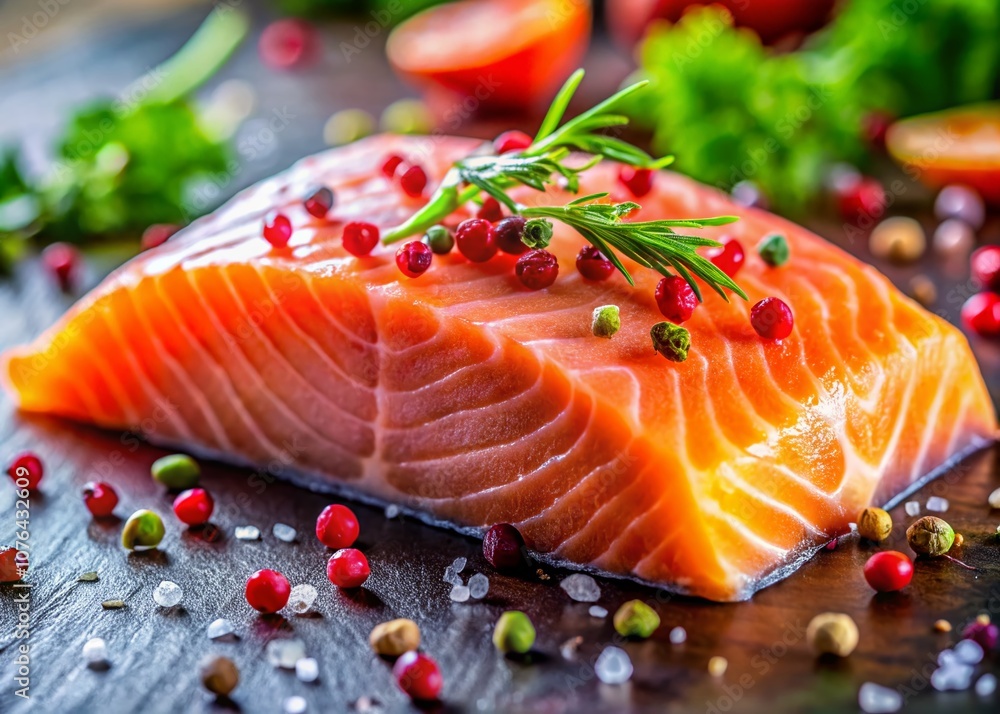 Close-Up View of Fresh Salmon Steak with Intricate Textures and Vivid Colors for Culinary and Food Photography Close-Up View of Fresh Salmon Steak with Intricate Textures and Vivid Colors for Culinary and Food Photography